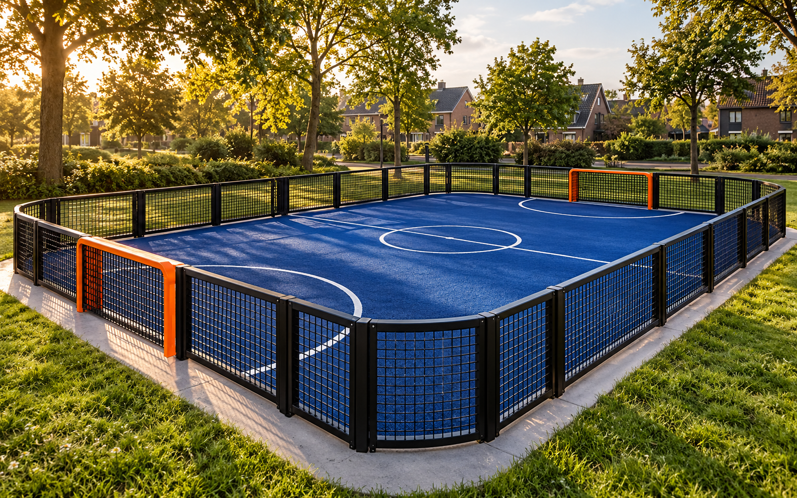 Conceptvisualisatie van een pannakooi met een sportvloer en omheining in een groene woonbuurt